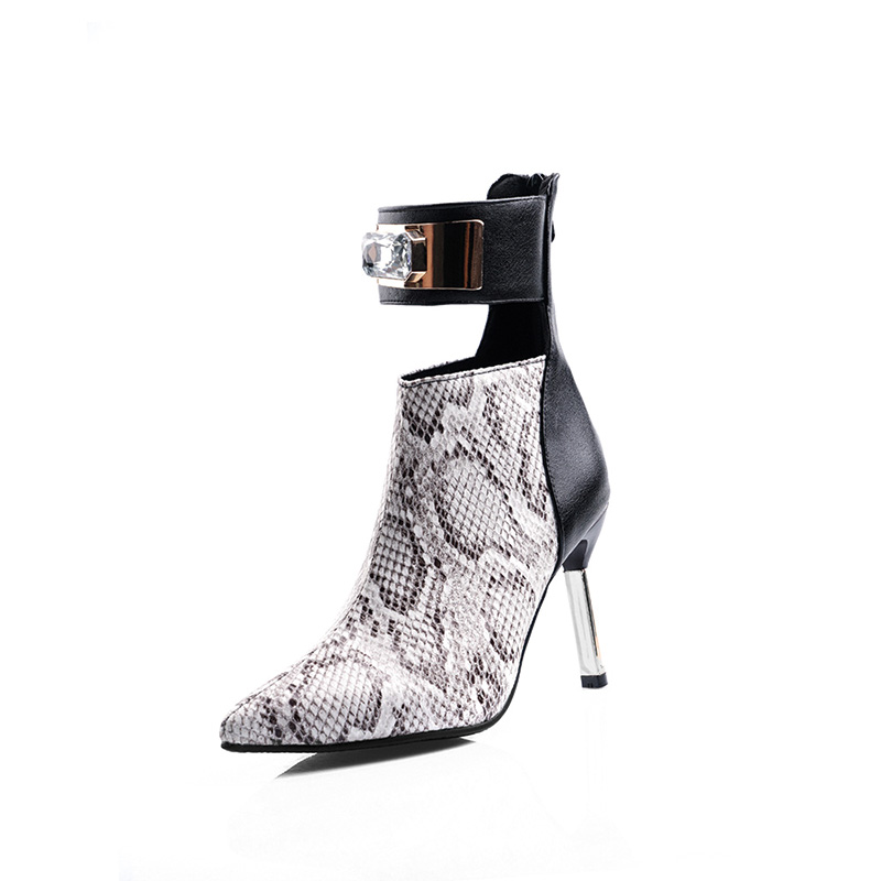Shoeswoon Snake Print Cut‑Out Ankle Boots With Rhinestone Buckle Stiletto Heel