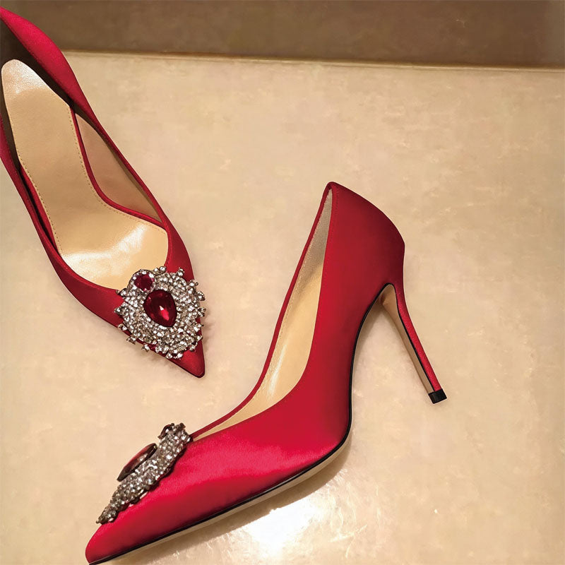 Shoeswoon Luxurious Pointed Toe Gem Rhinestone Decor Stiletto Pointed Toe Heels