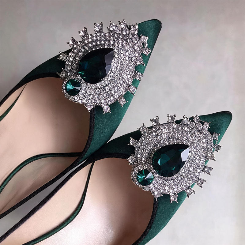 Shoeswoon Luxurious Pointed Toe Gem Rhinestone Decor Stiletto Pointed Toe Heels
