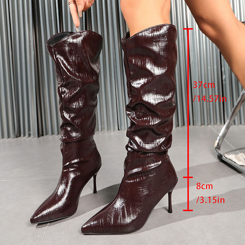 Shoeswoon Women Pointed Toe Stiletto Heel Ruched Shiny Knee High Boots