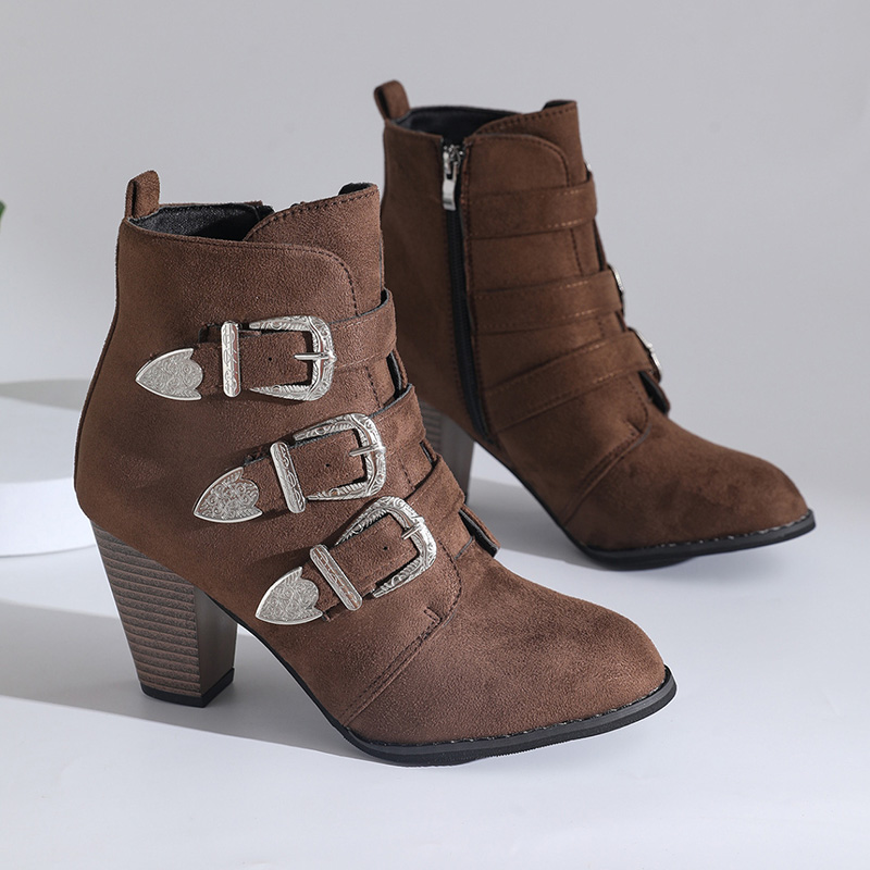 Shoeswoon Triple Buckle Ankle Boots Pointed Toe Block Heel