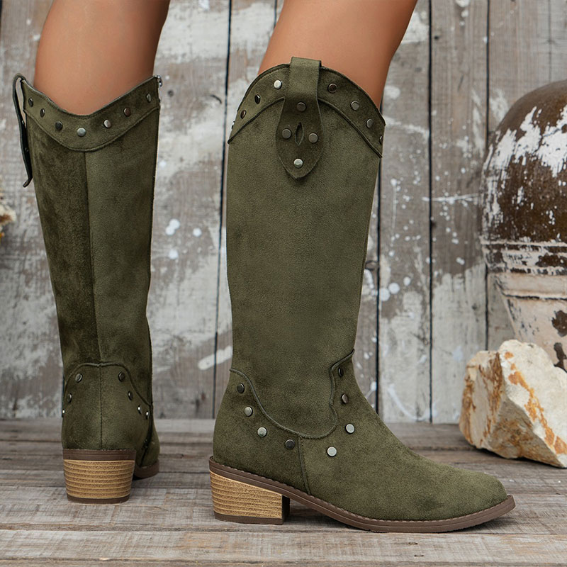 Shoeswoon Rivet Western Mid Calf Boots Pointed Block Heel