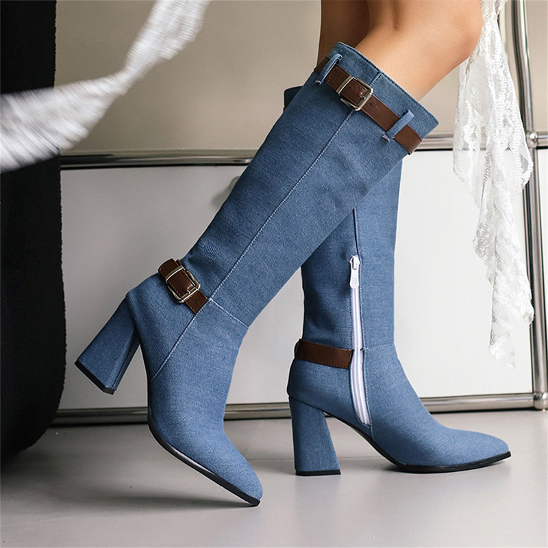 Shoeswoon Double Buckle Denim Knee High Heel Boots