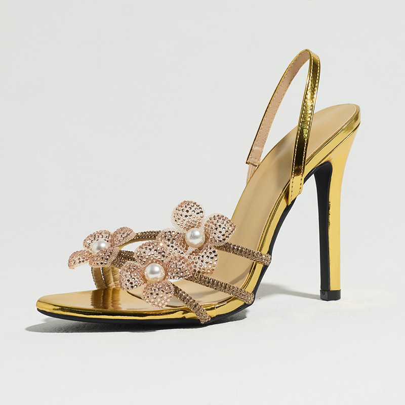 Shoeswoon Rhinestone Floral Pearl Slingback Stiletto Sandals