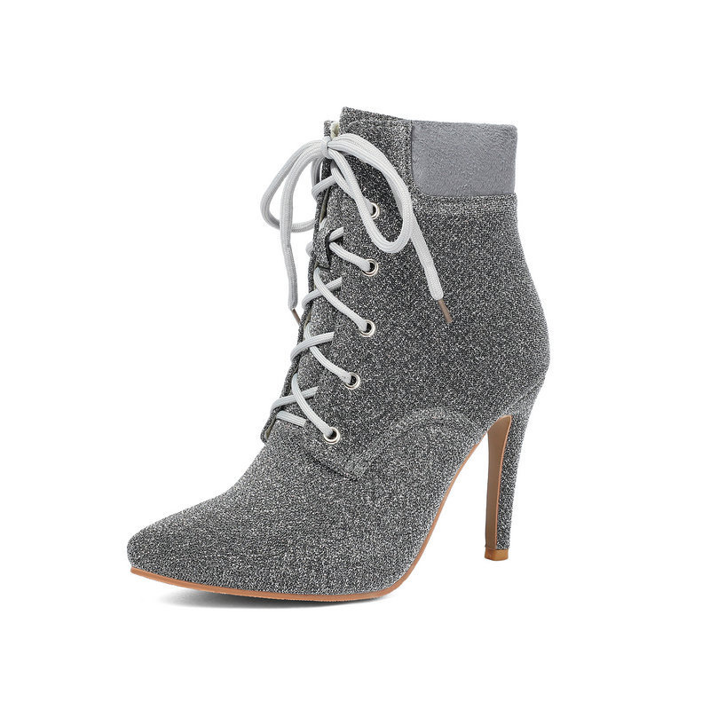 Shoeswoon Glitter Lace Up Pointed Toe Stiletto Ankle Boots