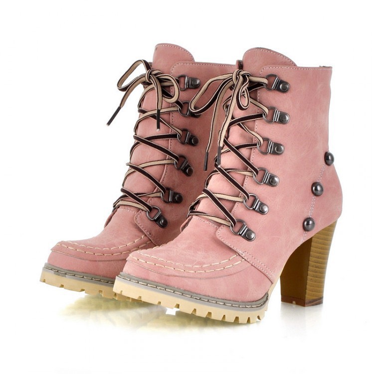 Shoeswoon Vintage Faux Suede Lace Up High Heel Boots