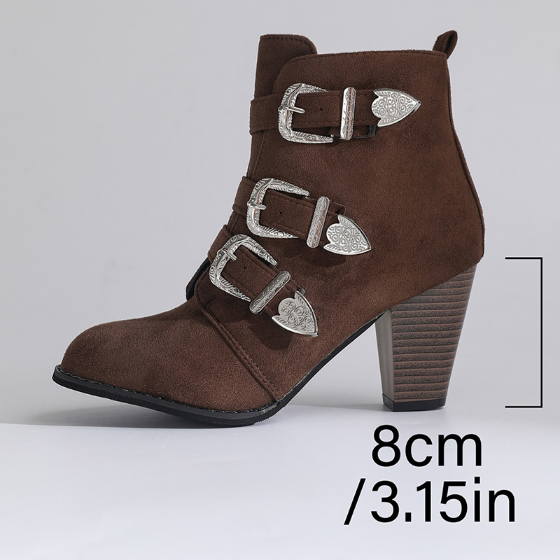 Shoeswoon Triple Buckle Ankle Boots Pointed Toe Block Heel