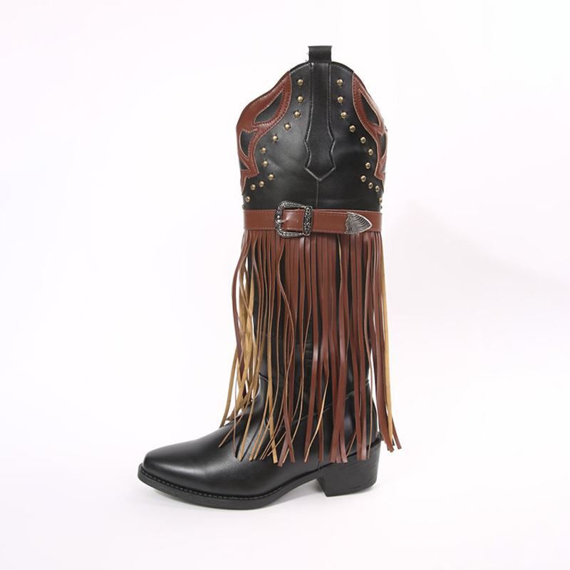 Shoeswoon Patchwork Fringe Knee High Cowgirl Boots