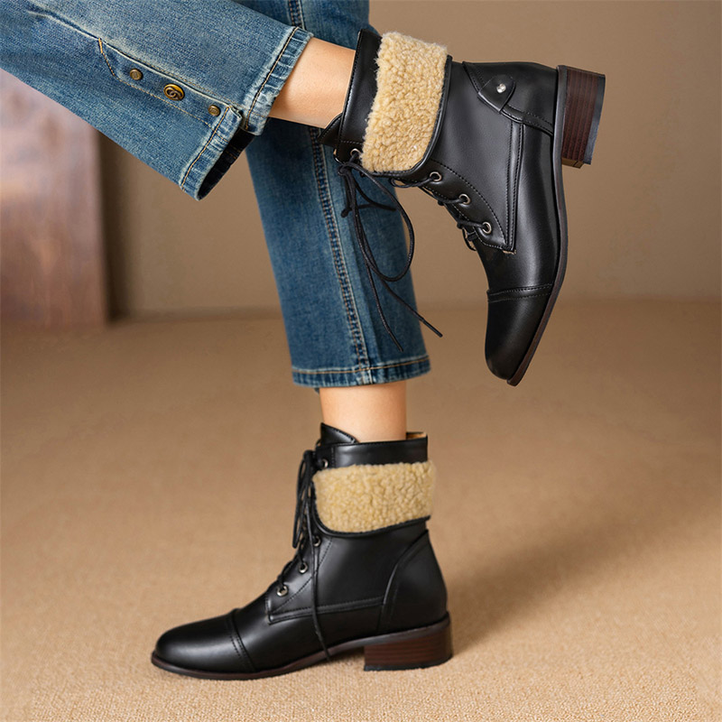 Shoeswoon Fleece Cuff Lace Up Ankle Boots Block Heel