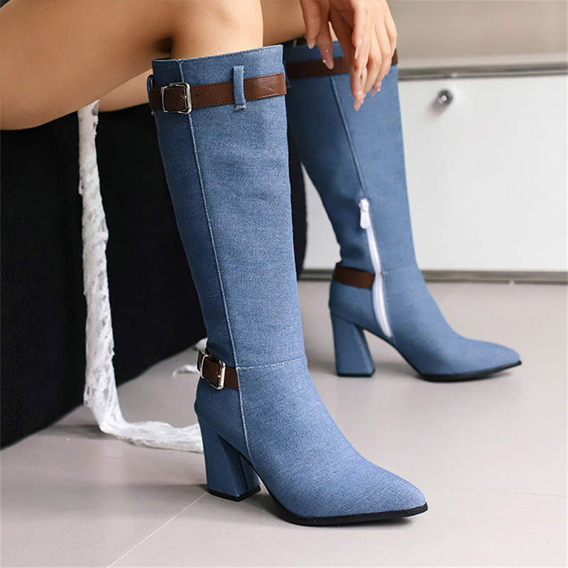 Shoeswoon Double Buckle Denim Knee High Heel Boots