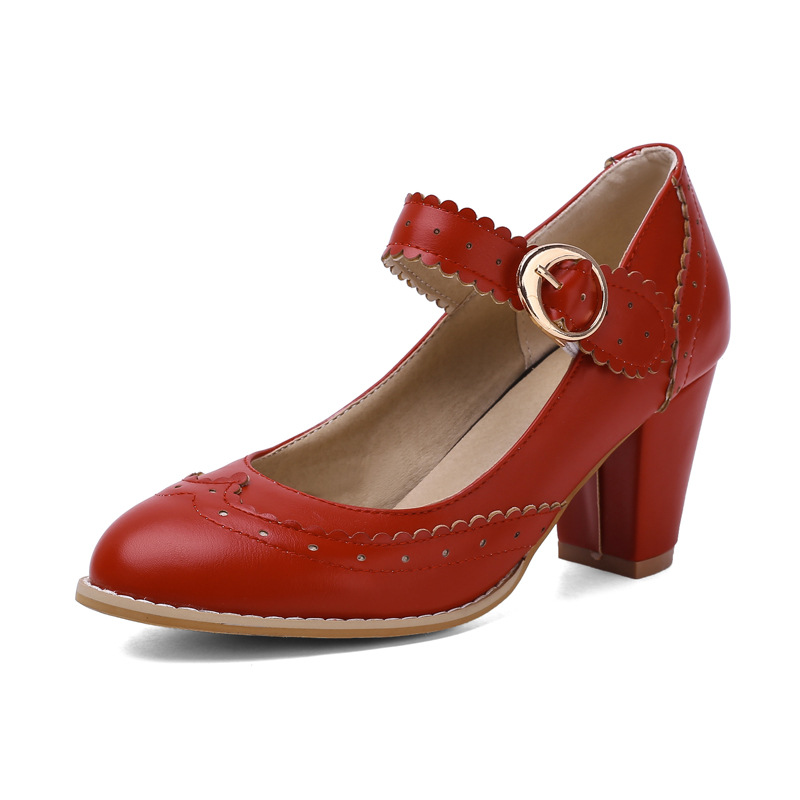 Shoeswoon Scalloped Brogue Perforated Mary Jane Block Heel Pumps