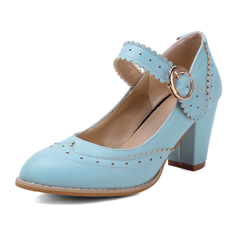 Shoeswoon Scalloped Brogue Perforated Mary Jane Block Heel Pumps