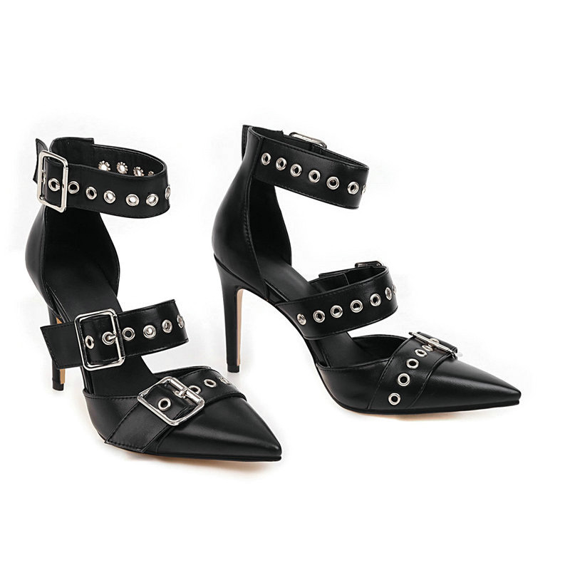Shoeswoon Multi Metal Buckle Eyelet Cutout Pointed Toe Ankle Strap Stiletto Heels