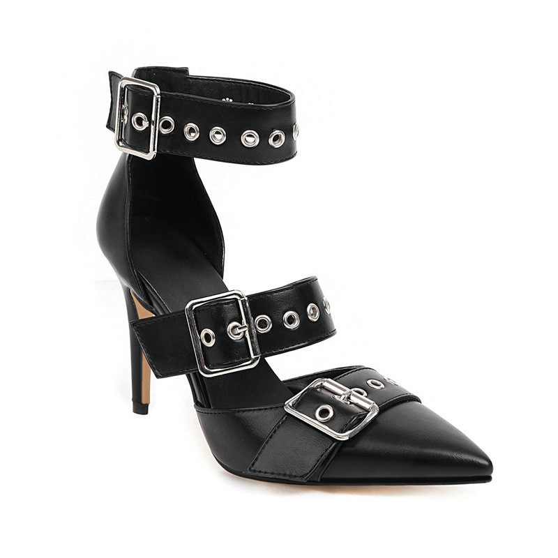 Shoeswoon Multi Metal Buckle Eyelet Cutout Pointed Toe Ankle Strap Stiletto Heels
