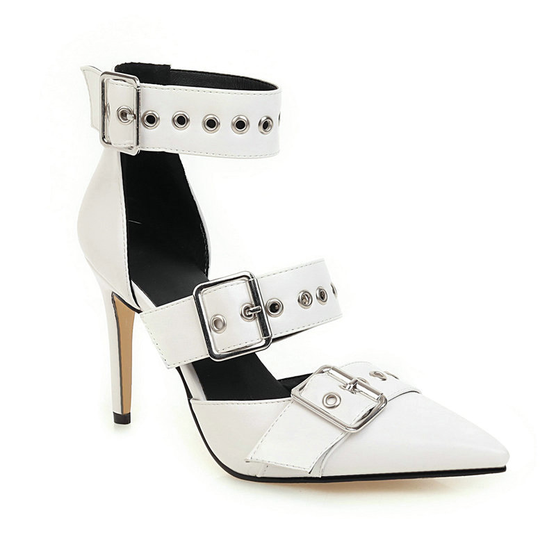 Shoeswoon Multi Metal Buckle Eyelet Cutout Pointed Toe Ankle Strap Stiletto Heels