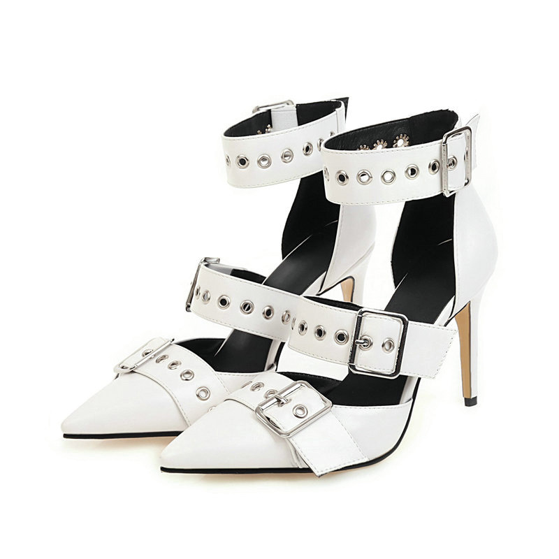 Shoeswoon Multi Metal Buckle Eyelet Cutout Pointed Toe Ankle Strap Stiletto Heels