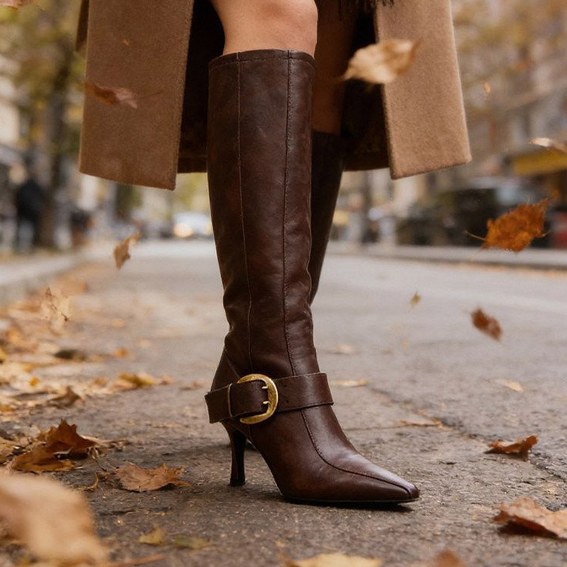 Shoeswoon Buckle Stiletto Knee High Boots Pointed Toe