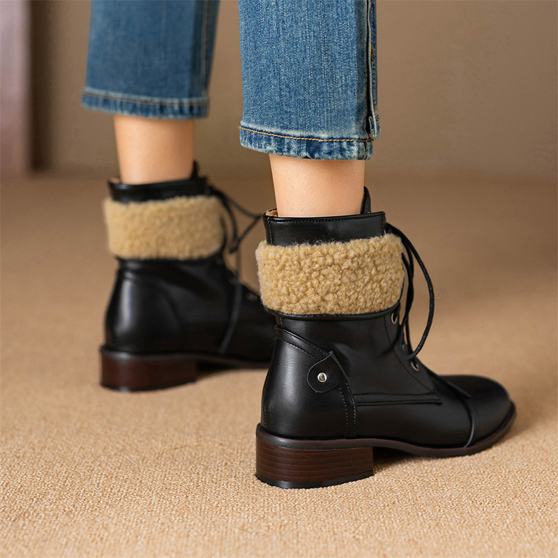 Shoeswoon Fleece Cuff Lace Up Ankle Boots Block Heel