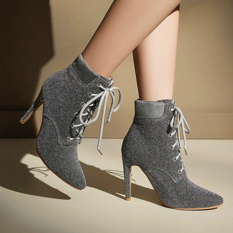 Shoeswoon Glitter Lace Up Pointed Toe Stiletto Ankle Boots