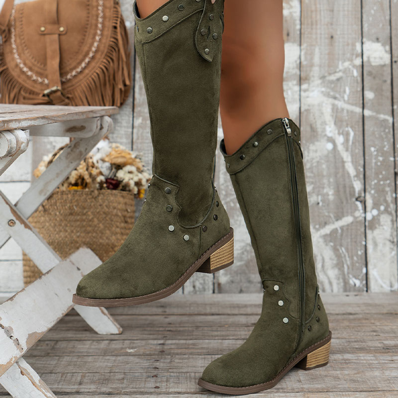 Shoeswoon Rivet Western Mid Calf Boots Pointed Block Heel
