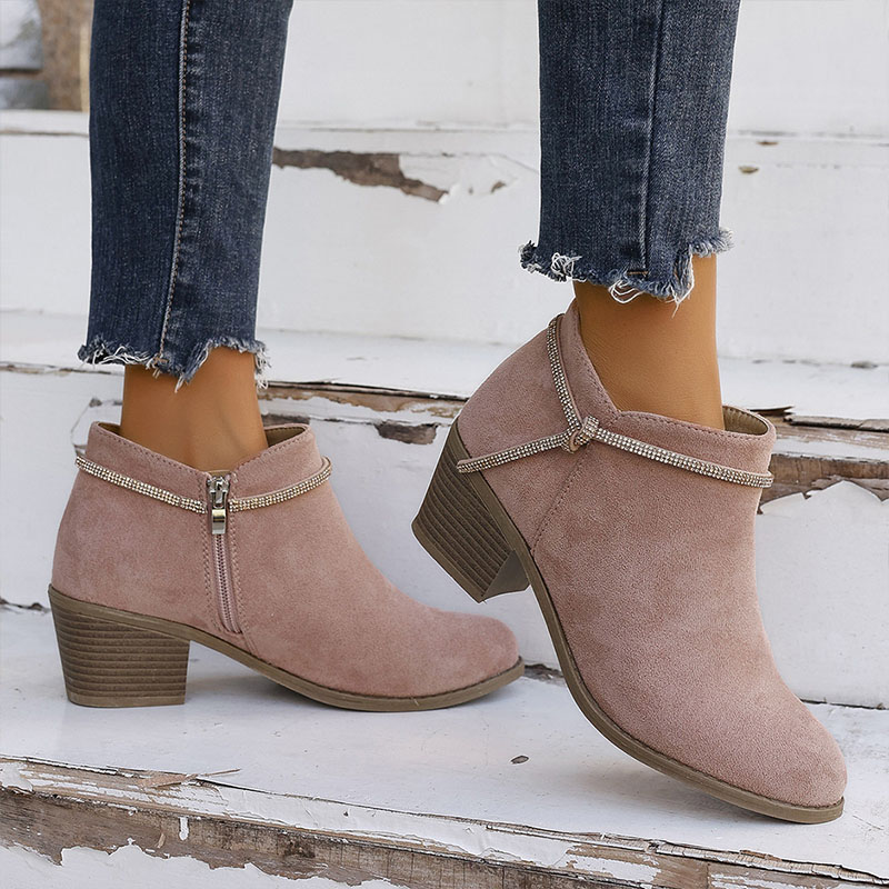 Shoeswoon Rhinestone Strap Ankle Boots Round Toe Block Heel