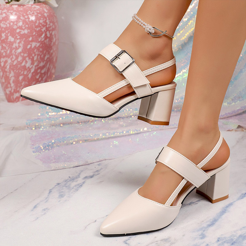 Shoeswoon Pointed Toe Ankle Strap Slingback Block Heel Pumps