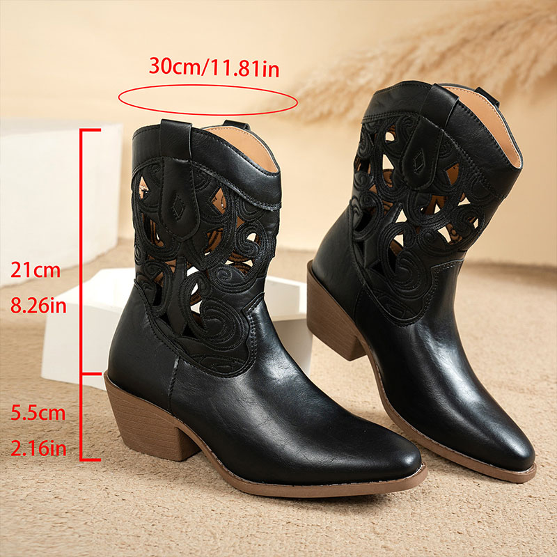 Shoeswoon Cutout Western Ankle Boots Pointed Toe Block Heel