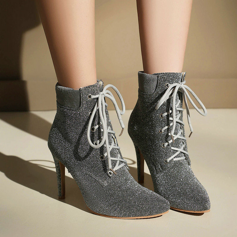 Shoeswoon Glitter Lace Up Pointed Toe Stiletto Ankle Boots