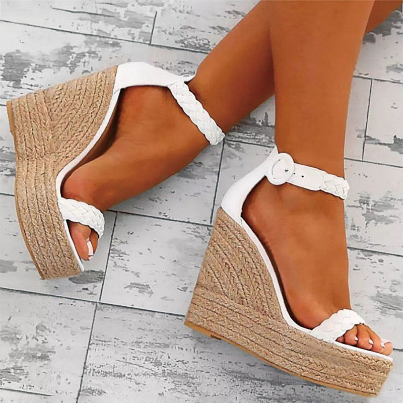 Shoeswoon White Braided Strap Open Toe Ankle Buckle Espadrille Wedge Sandals