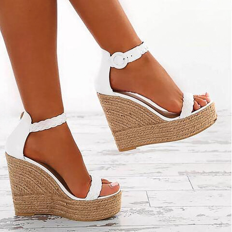Shoeswoon White Braided Strap Open Toe Ankle Buckle Espadrille Wedge Sandals