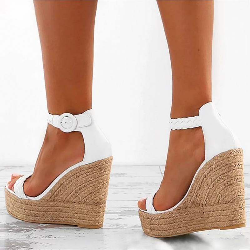 Shoeswoon White Braided Strap Open Toe Ankle Buckle Espadrille Wedge Sandals