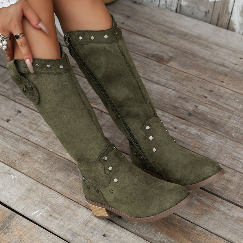 Shoeswoon Rivet Western Mid Calf Boots Pointed Block Heel
