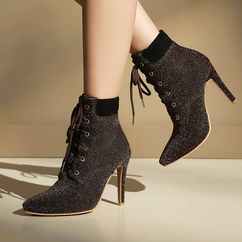 Shoeswoon Glitter Lace Up Pointed Toe Stiletto Ankle Boots
