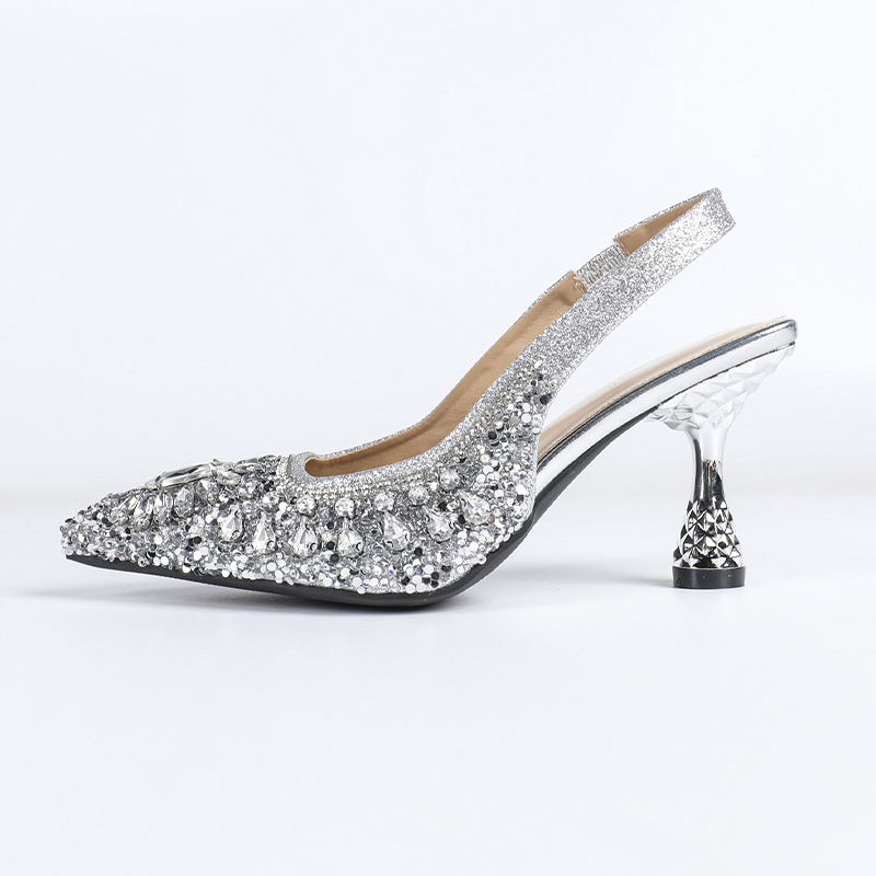 Shoeswoon Rhinestone Pointed Toe Slingback Sculptured High Heels