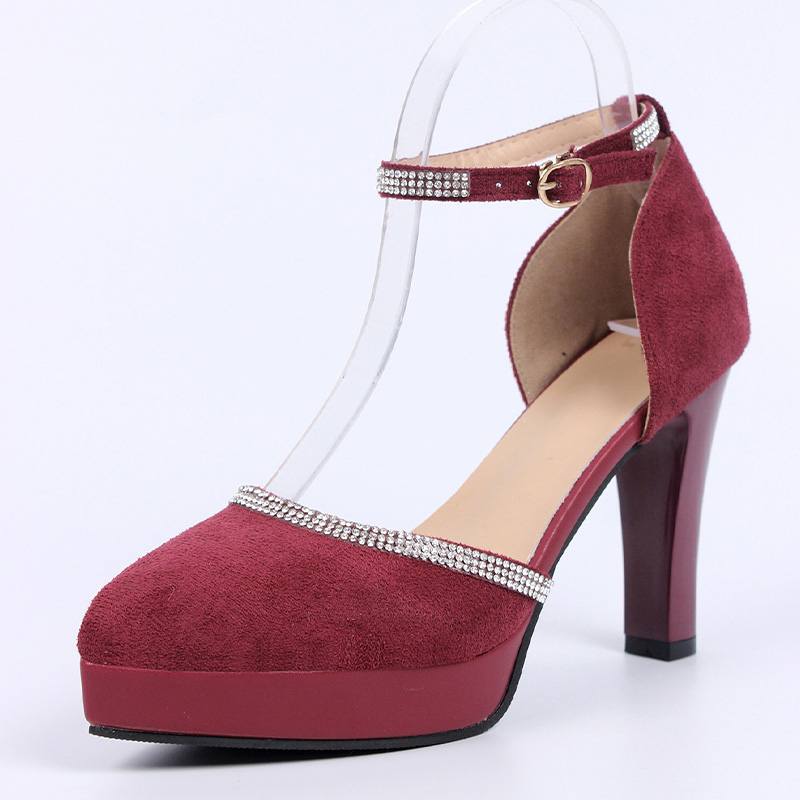 Shoeswoon Pointed Toe Platform Rhinestone Ankle Strap Block Heels