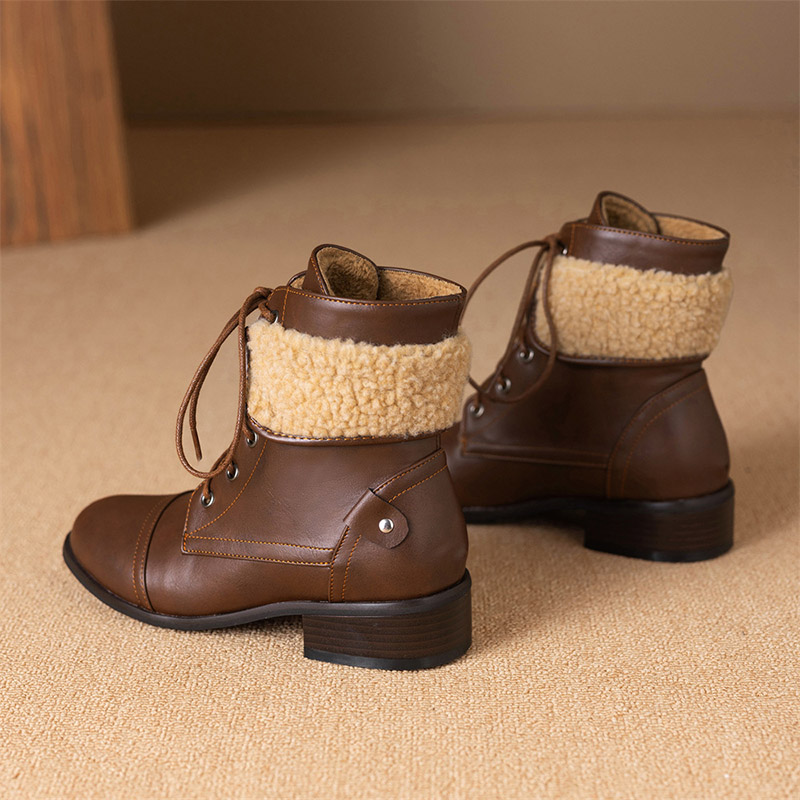 Shoeswoon Fleece Cuff Lace Up Ankle Boots Block Heel