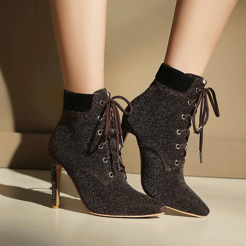 Shoeswoon Glitter Lace Up Pointed Toe Stiletto Ankle Boots