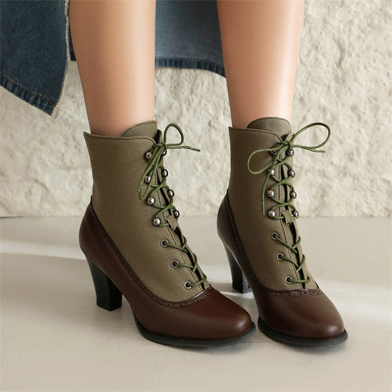 Shoeswoon Retro Panel Lace Up Ankle Heel Boots