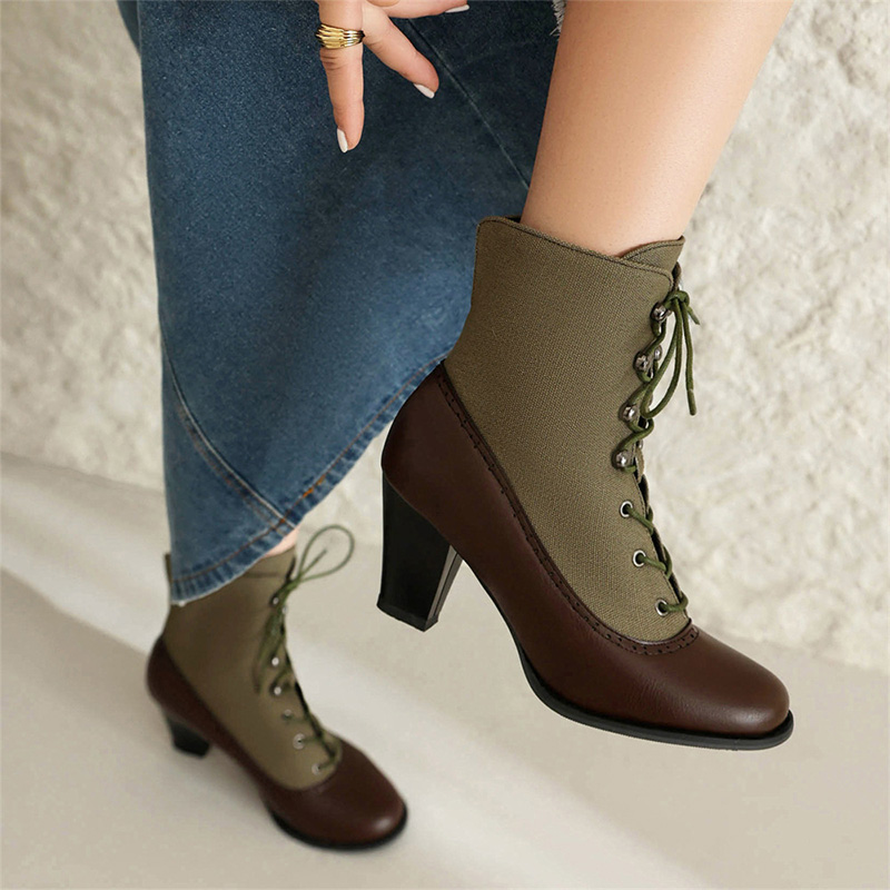 Shoeswoon Retro Panel Lace Up Ankle Heel Boots