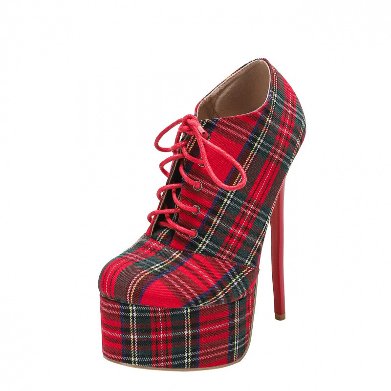 Shoeswoon Plaid Lace‑Up Platform Pumps Round Toe Stiletto Heel