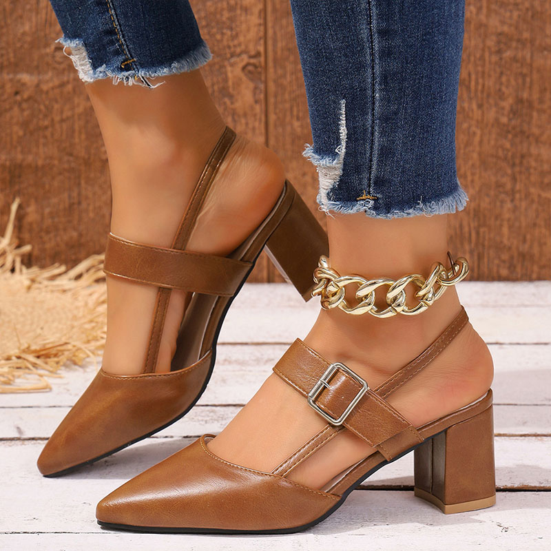 Shoeswoon Pointed Toe Ankle Strap Slingback Block Heel Pumps