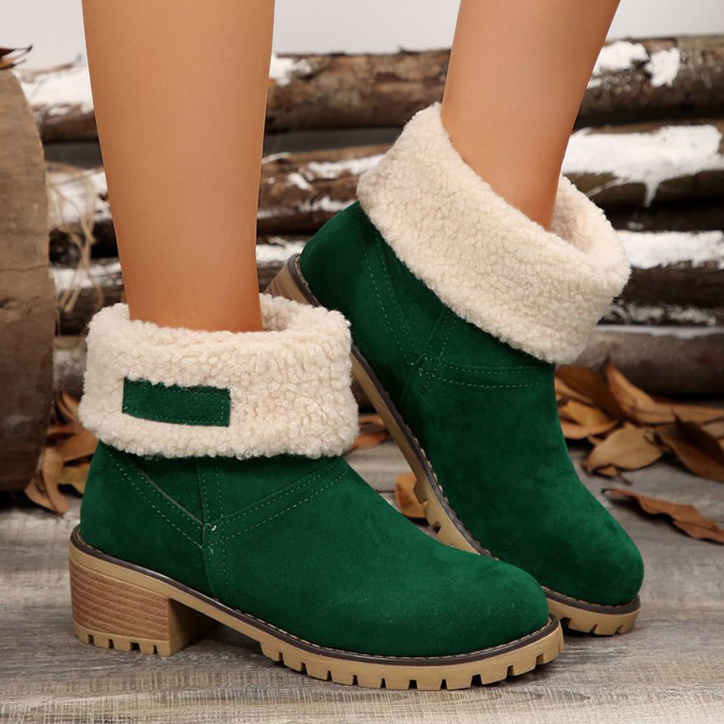 Shoeswoon Fleece Cuff Round Toe Block Heel Ankle Boots