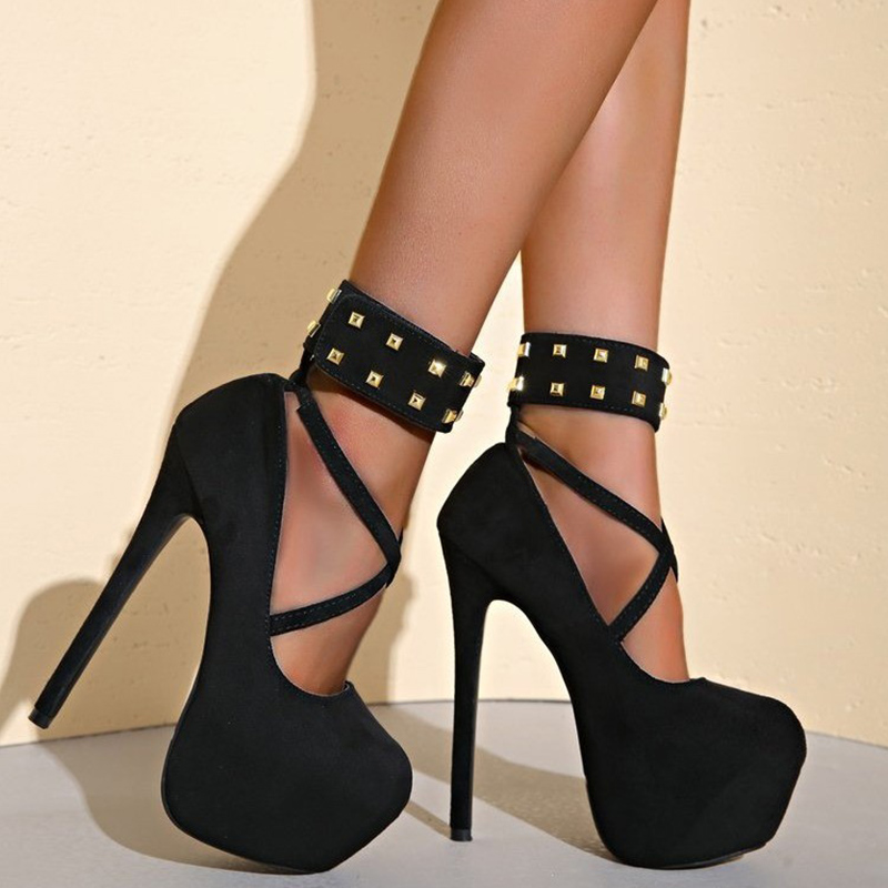 Shoeswoon Platform Crisscross Strap Studded Ankle Cuff Stiletto Heels