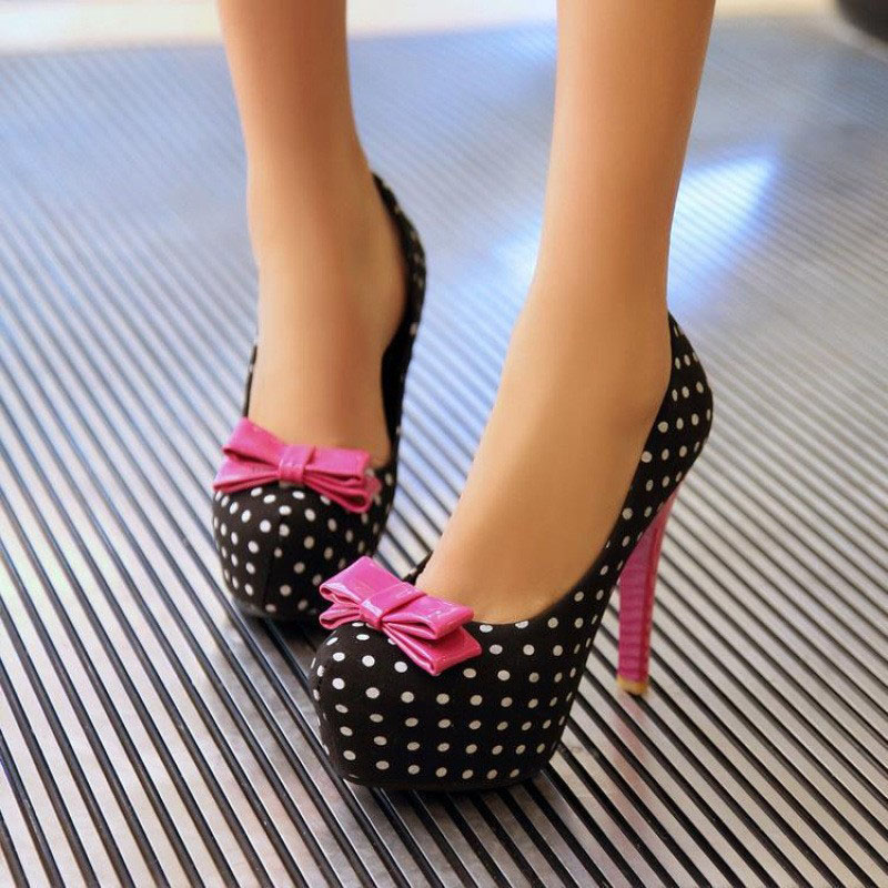 Shoeswoon Polka Dot Round Toe Platform Stiletto Pumps