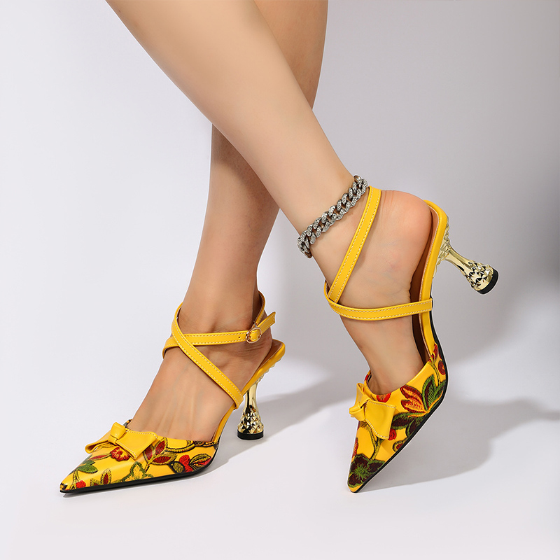 Shoeswoon Floral Print Pointed Toe Ankle Strap Sculptural Heel Pumps