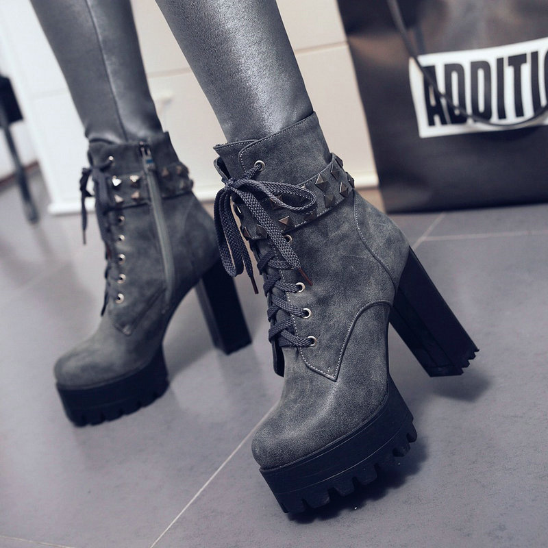 Shoeswoon Gothic Lace‑Up Side Zipper Chunky Platform Heel Ankle Boots