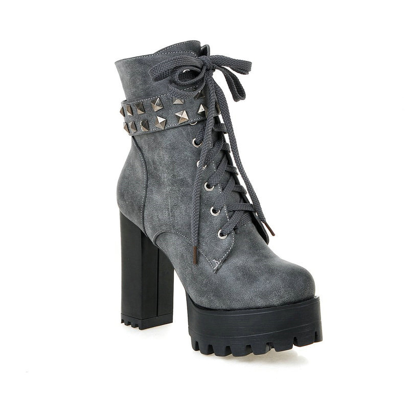 Shoeswoon Gothic Lace‑Up Side Zipper Chunky Platform Heel Ankle Boots