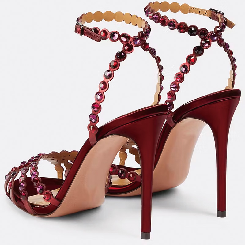 Shoeswoon Metallic Multi-Colored Crystal Ankle Strap Stiletto Heel Sandals