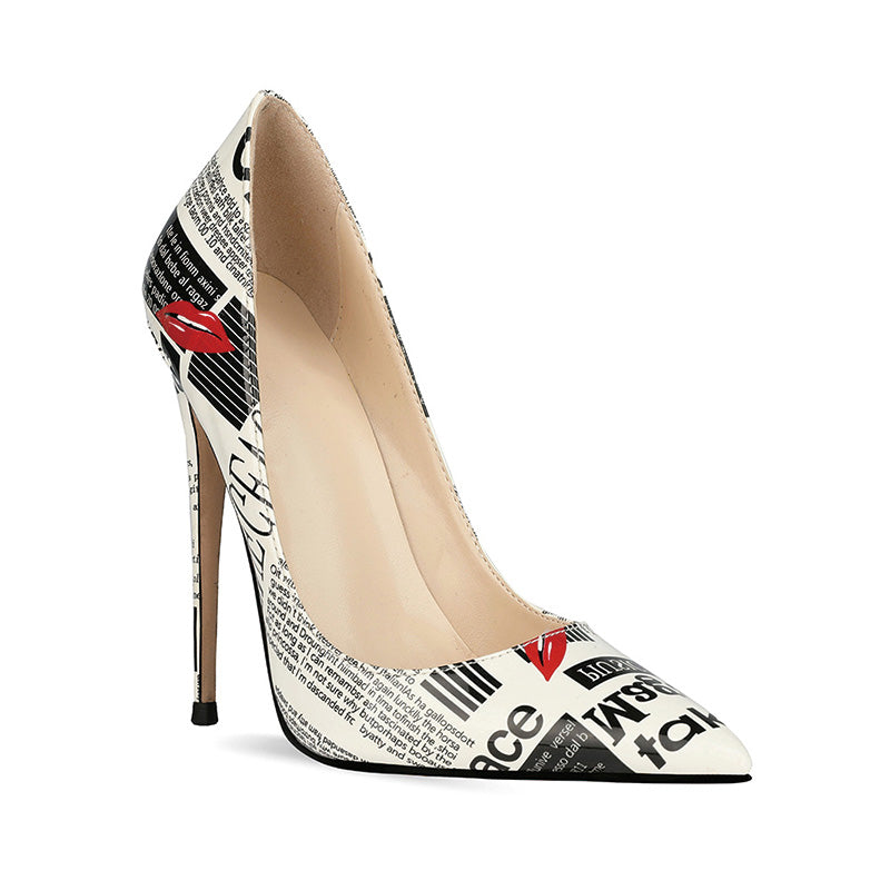 Shoeswoon Statement Newspaper Print Pointed Toe Stiletto High Heels