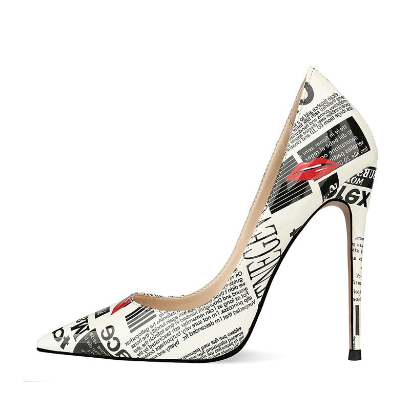 Shoeswoon Statement Newspaper Print Pointed Toe Stiletto High Heels